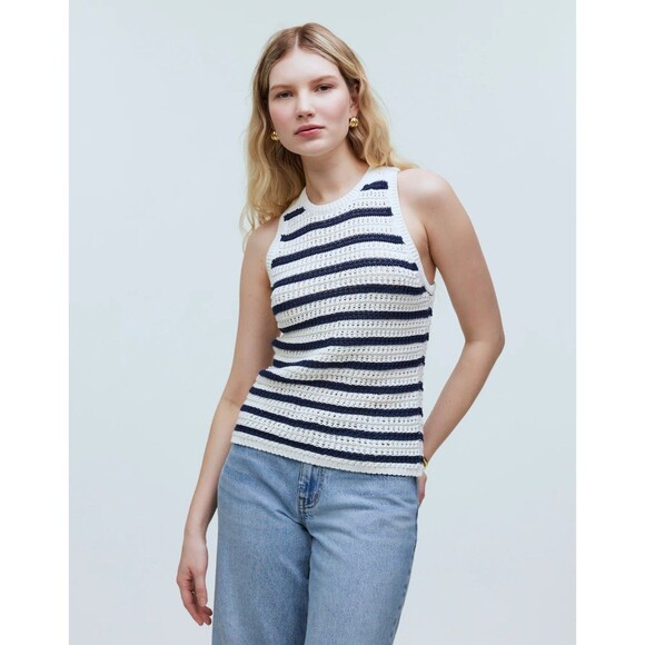 Madewell Crochet-Knit Crewneck Sweater Tank Striped Stretch Slim Fit Size XS - Picture 1 of 10